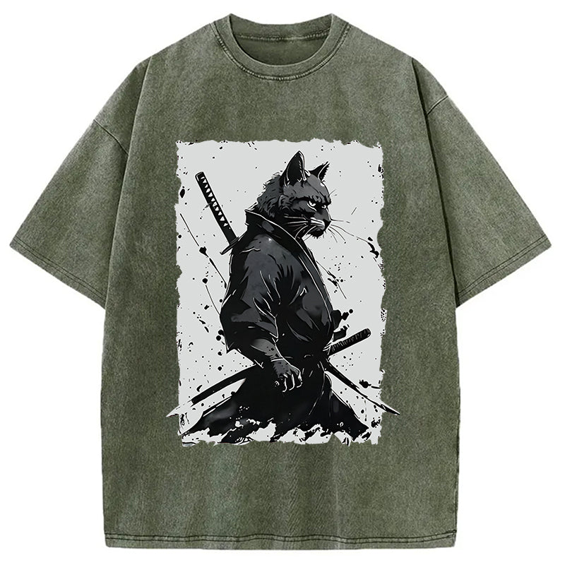 Handsome Samurai Cat Washed T-Shirt