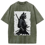 Handsome Samurai Cat Washed T-Shirt
