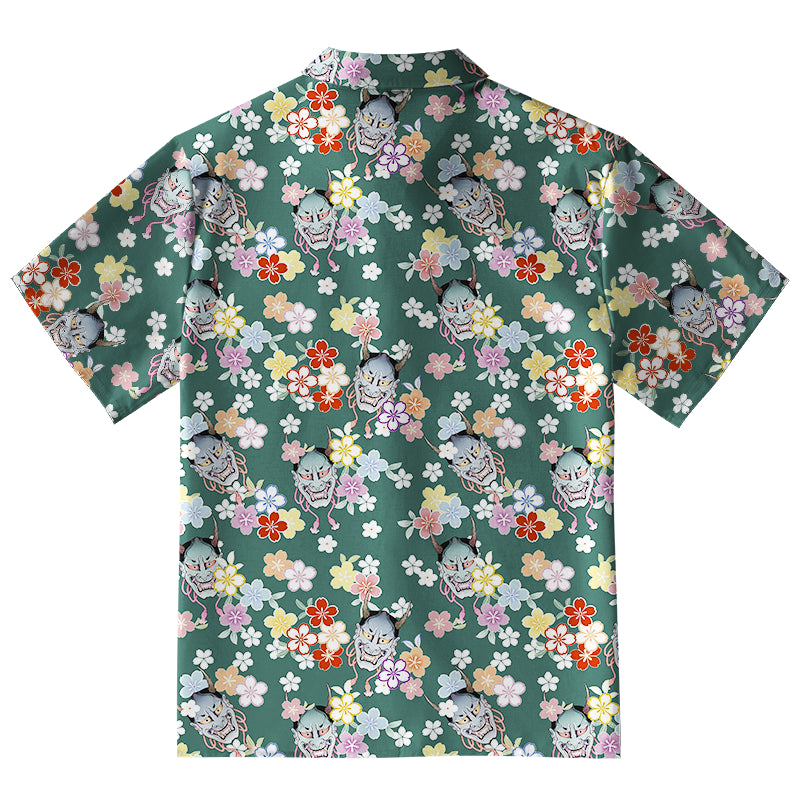 Oni Mask With Floral Aloha Hawaiian Shirt