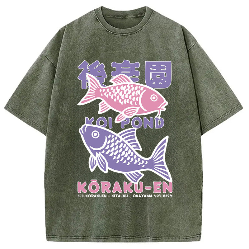 Koi Fish Pond Japanese Washed T-Shirt