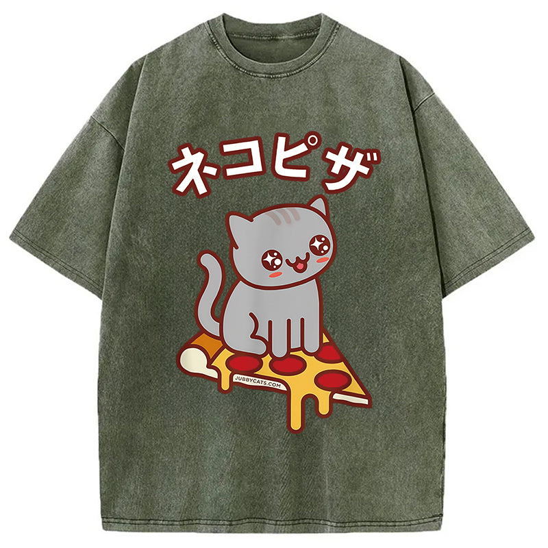 Super Kawaii Japanese Pizza Cat Washed T-Shirt