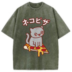Super Kawaii Japanese Pizza Cat Washed T-Shirt