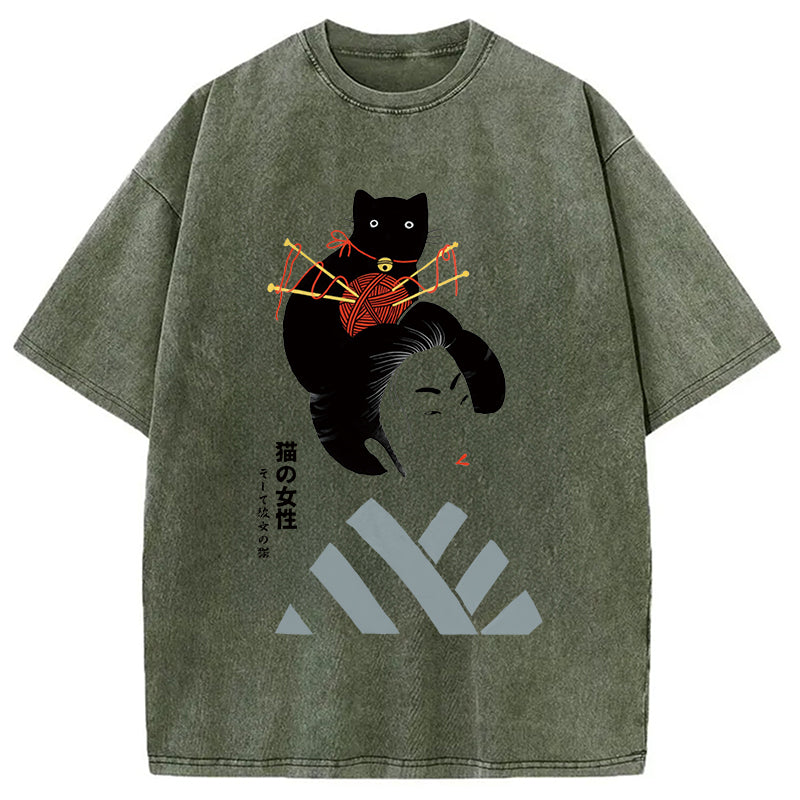 Geisha And Cat Washed T-Shirt