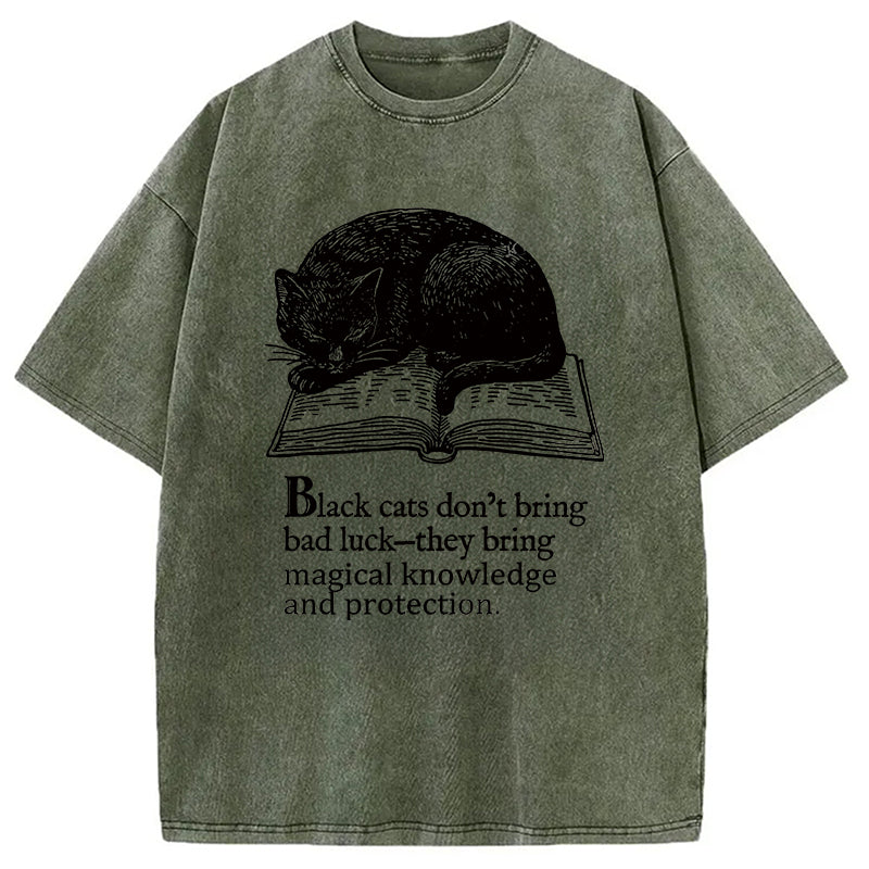 Black Cat Sleeping On A Book Washed T-Shirt