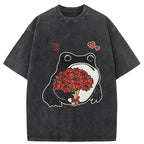Romantic Frog Holding Roses Washed T-Shirt
