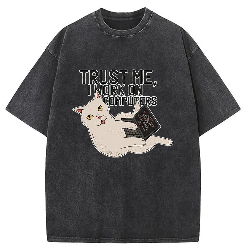 Cat At Work Washed T-Shirt