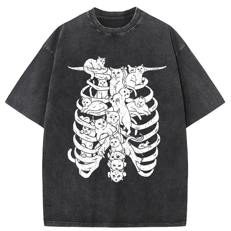 Cat Lying On The Skeleton Washed T-Shirt