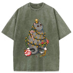 Unisex Christmas Decoration Cat Washed T-Shirt
