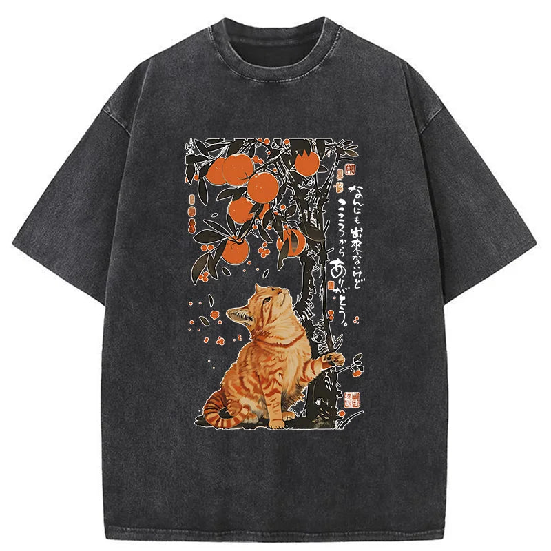 Unisex Orange Cat Wants To Eat Oranges Washed T-Shirt