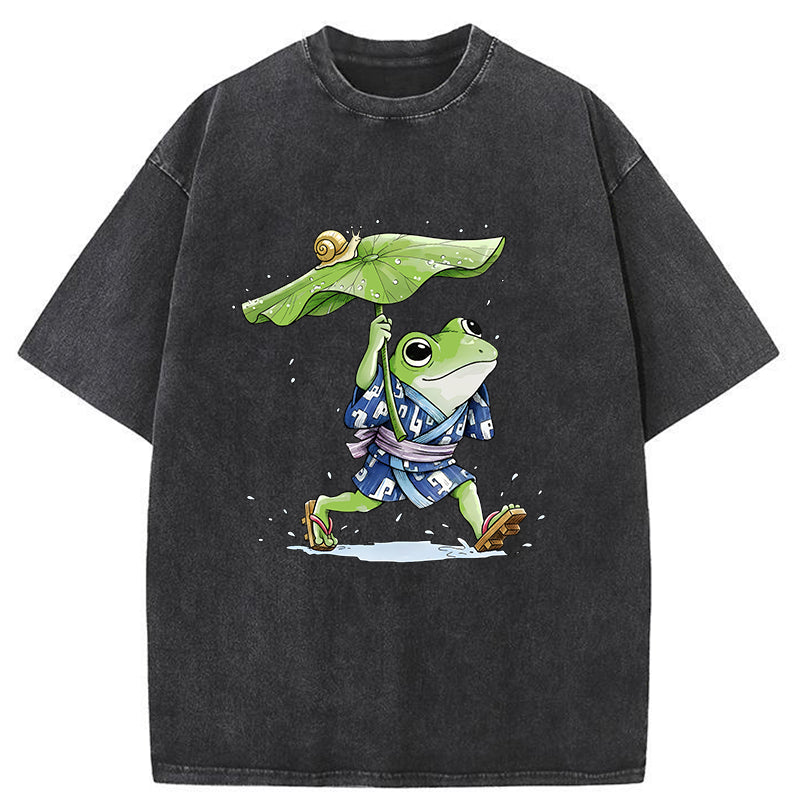 Unisex Frog Seeking Shelter From The Rain Washed T-Shirt