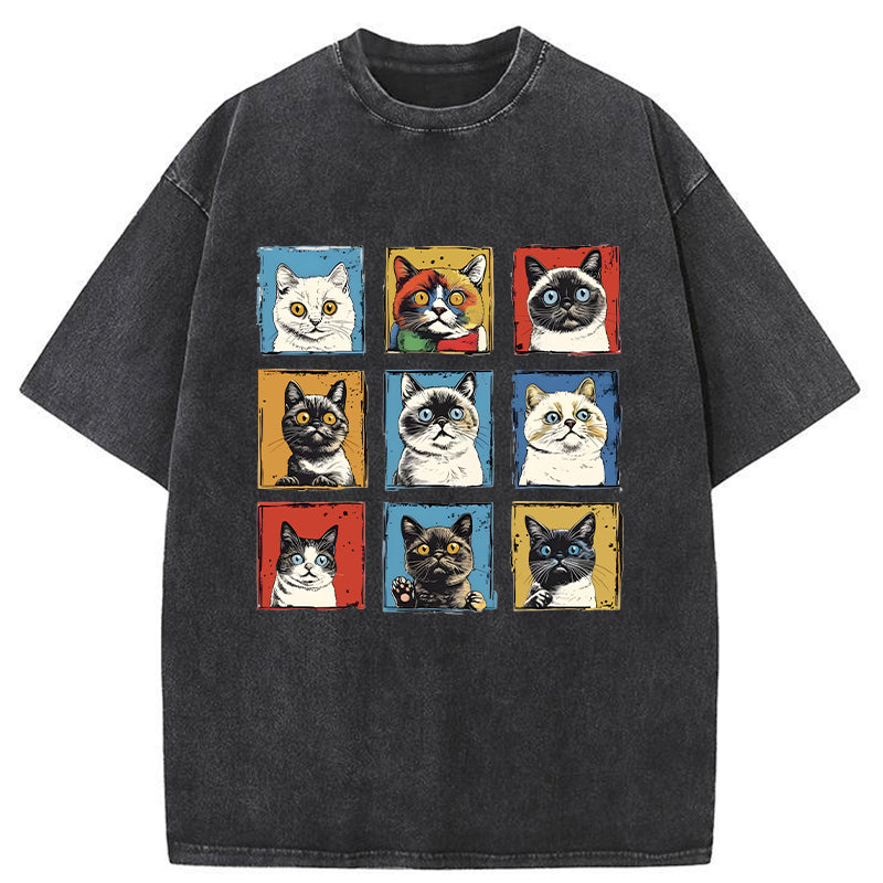 Unisex Pop Art Cat Washed T-Shirt