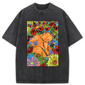 Unisex Colorful Orange Cats And Flowers Washed T-Shirt