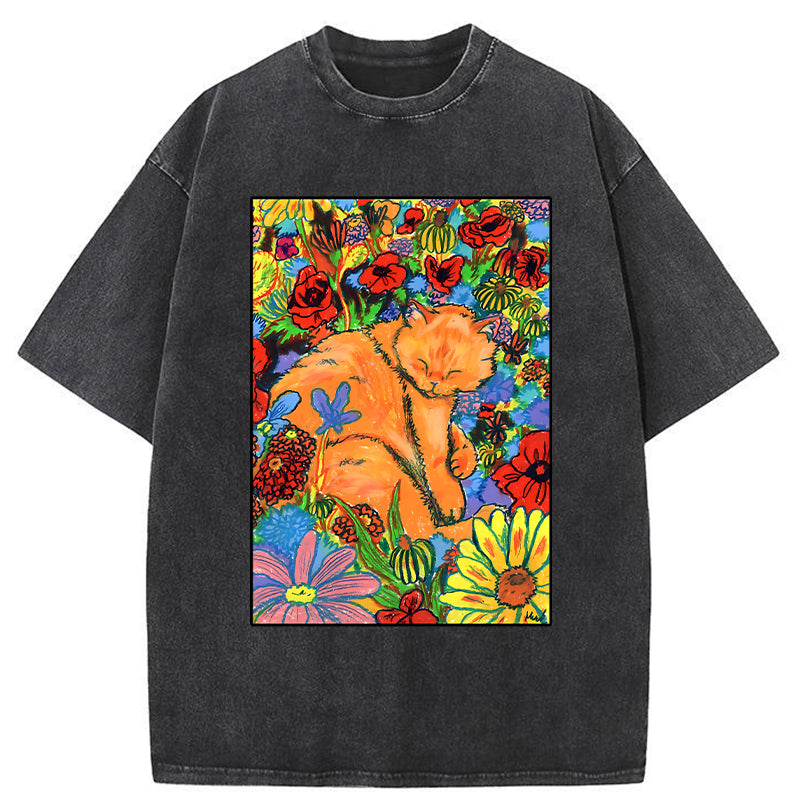 Unisex Colorful Orange Cats And Flowers Washed T-Shirt