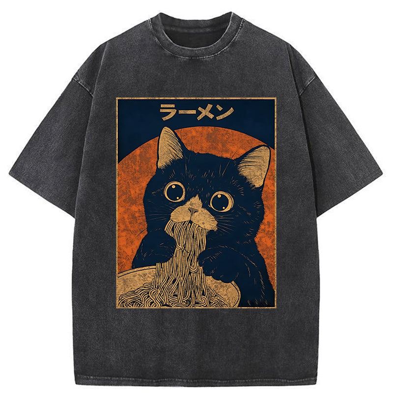 Unisex Retro Black Cat Eats Delicious Ramen Washed T-Shirt