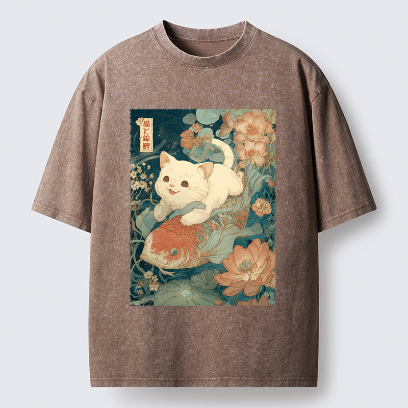 Unisex Cat And Koi Washed T-Shirt