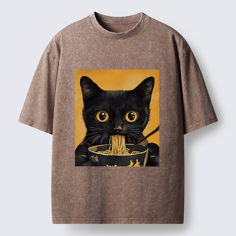 Unisex Cute Black Cat Eating A Big Bowl Of Ramen Washed T-Shirt