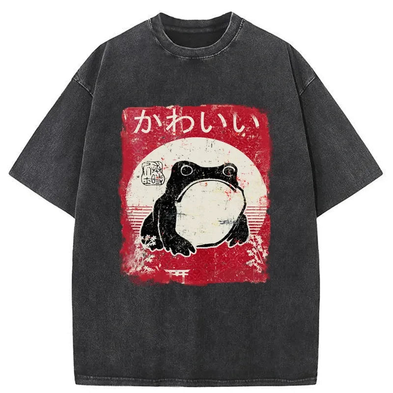 Woodblock Print Grumpy Frog Washed T-Shirt