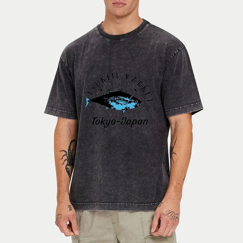 Tsukiji Fish Market Blue Fish Washed T-Shirt