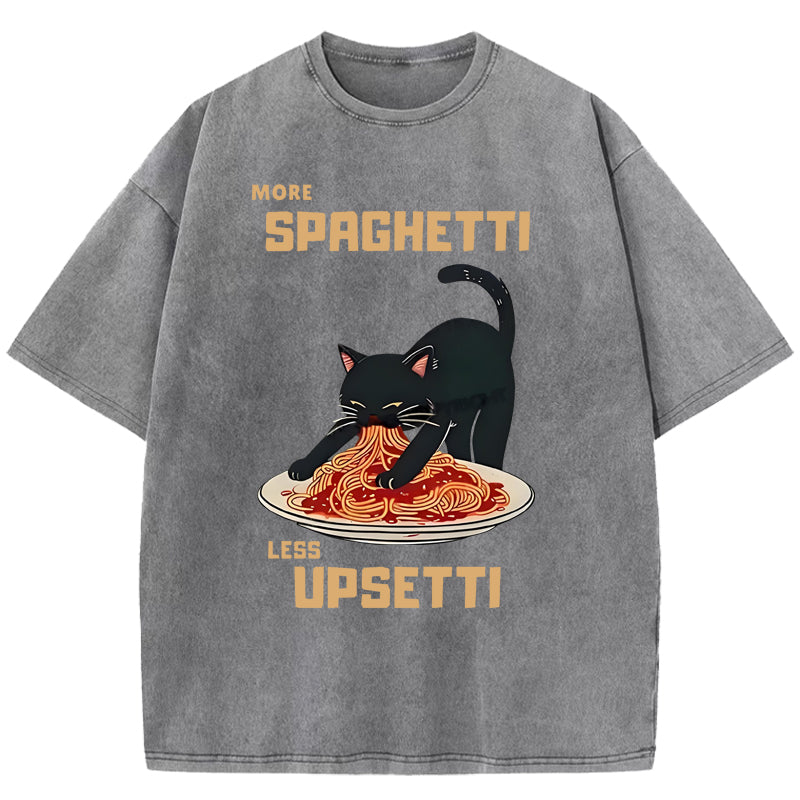 Cat Eating Spaghetti Funny Washed T-Shirt
