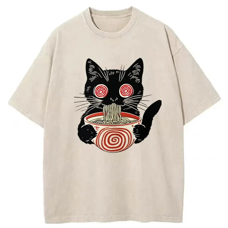 Confused Cat Eating Ramen Washed Vintage T-Shirt