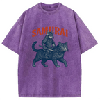Funny Samurai Cat Washed T-Shirt