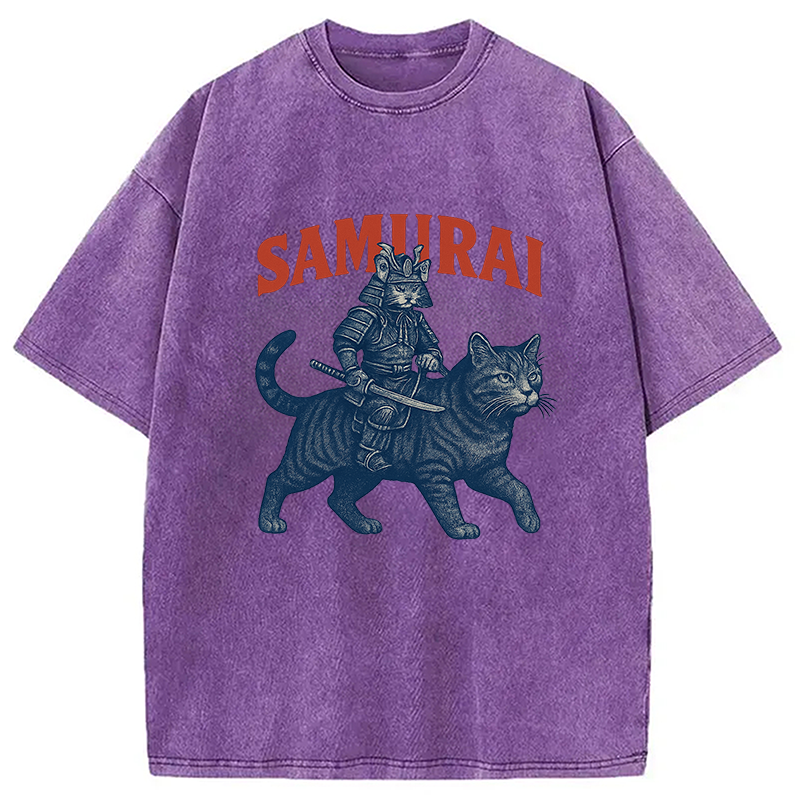 Funny Samurai Cat Washed T-Shirt