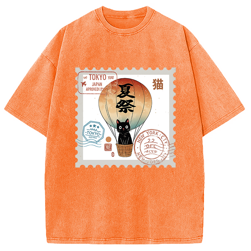 Japanese Cat Stamp Washed T-Shirt