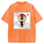 Japanese Cat Stamp Washed T-Shirt
