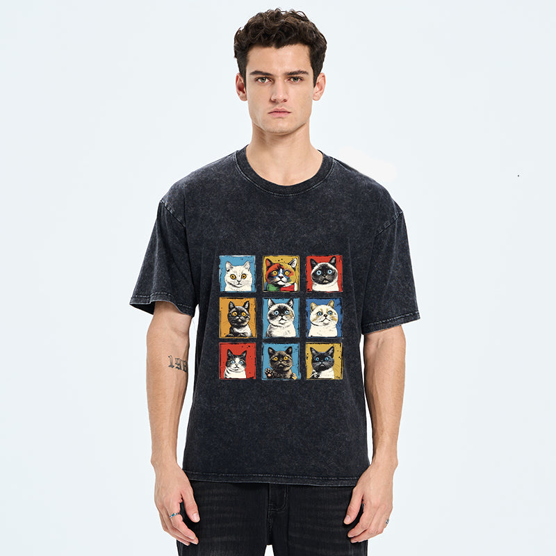 Unisex Pop Art Cat Washed T-Shirt