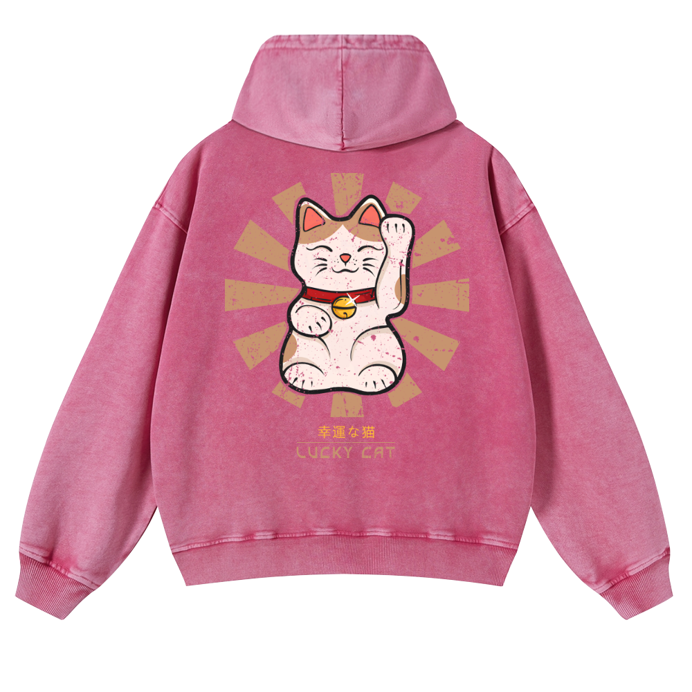 Lucky Cat Vintage Washed Cotton Back Art Hoodie
