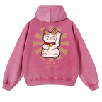 Lucky Cat Vintage Washed Cotton Back Art Hoodie