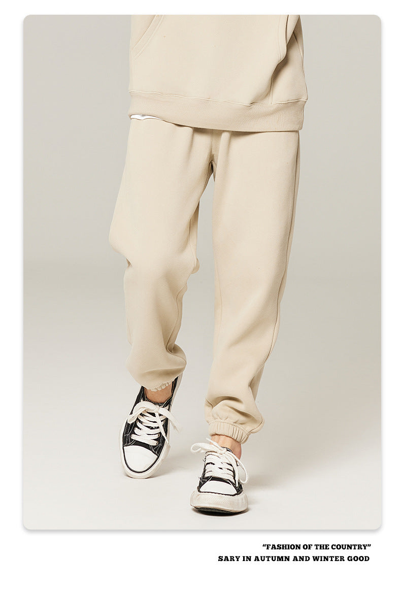 Unisex Solid Color Fleece Casual Tapered Pants