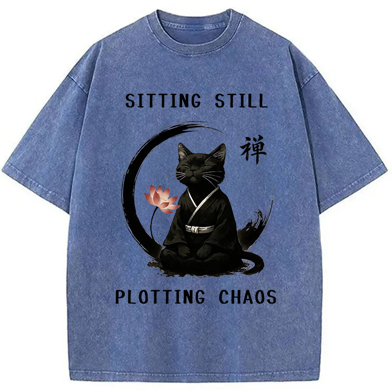 Sitting Calming Zen Cat Washed T-Shirt