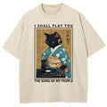 Funny Playing Music Black Cat Washed T-Shirt