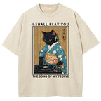 Funny Playing Music Black Cat Washed T-Shirt