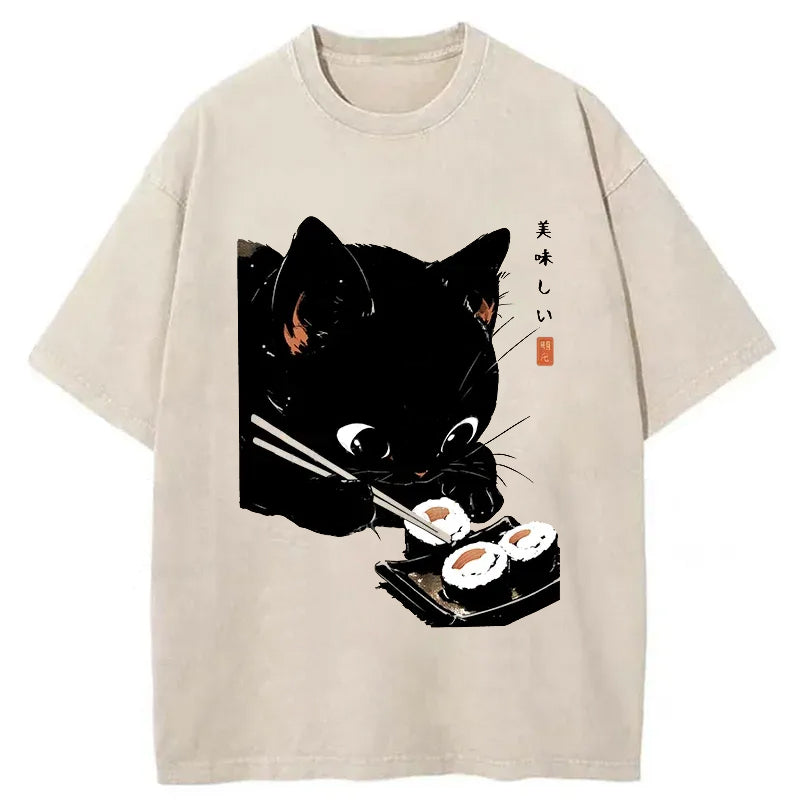 Cat Eating Rice Balls Washed T-Shirt