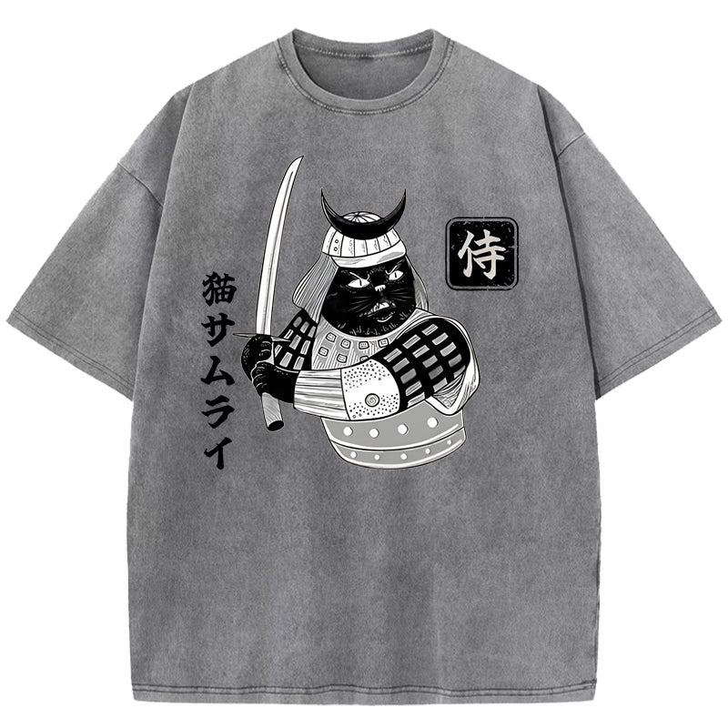 Cat Samurai With Sword Washed T-Shirt