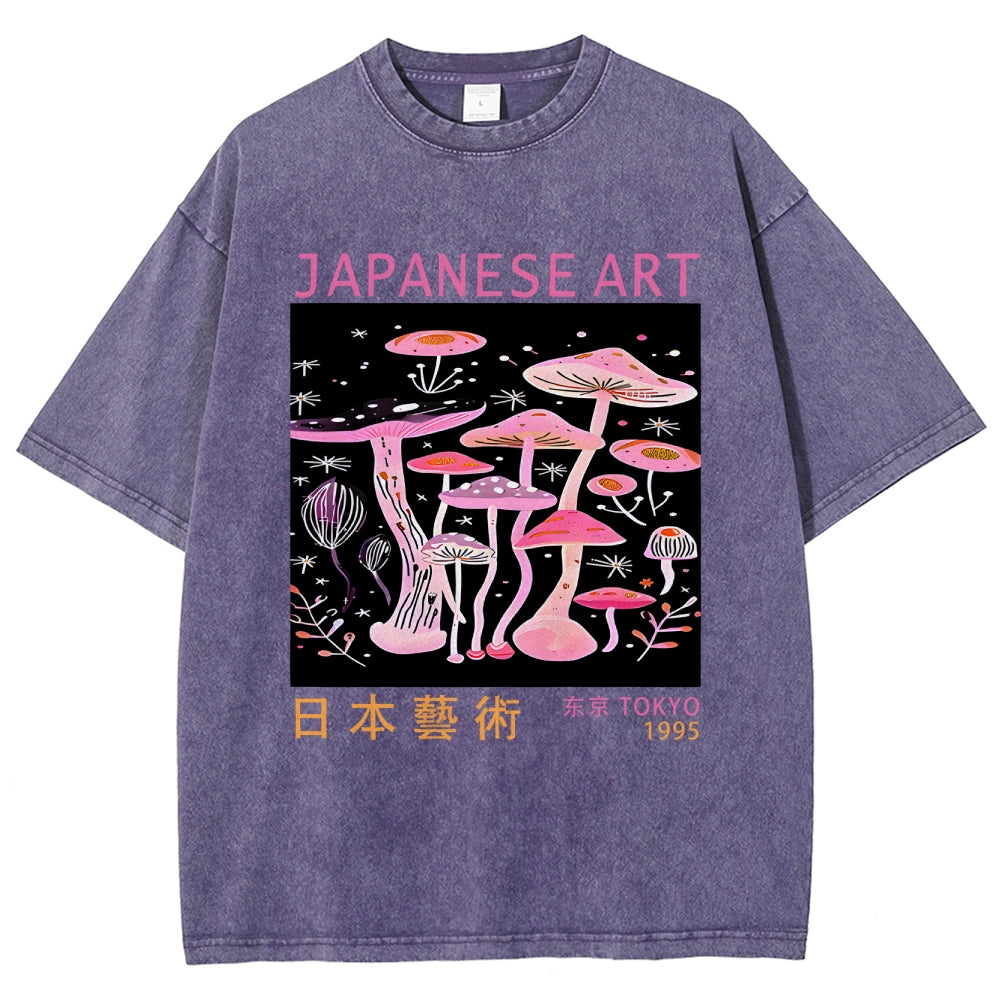 Japanese Art Pink Hallucinogenic Mushrooms Washed T-Shirt