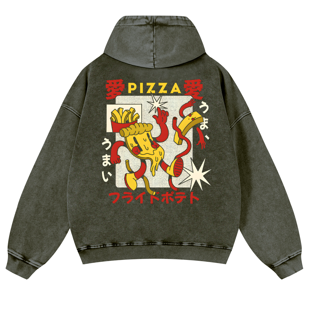 Japanese Pizza and French Fries Vintage Washed Cotton Back Art Hoodie