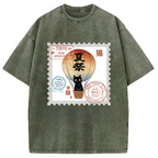 Japanese Cat Stamp Washed T-Shirt