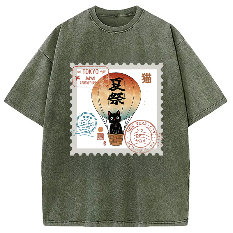 Japanese Cat Stamp Washed T-Shirt