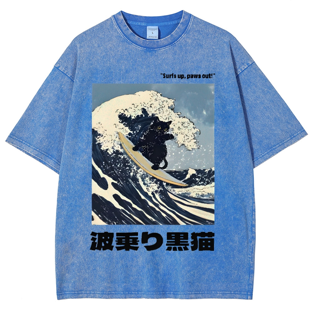 Black Cat Great Wave Vintage Wash Japanese Design T-Shirt
