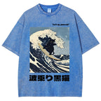 Black Cat Great Wave Vintage Wash Japanese Design T-Shirt