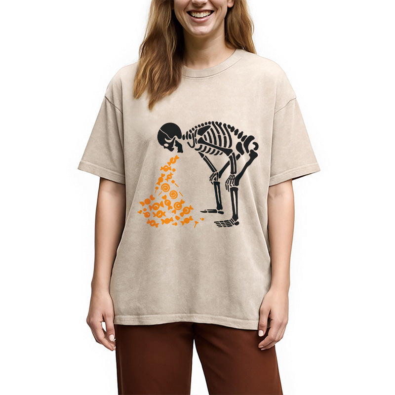 Candies Funny Halloween Skeleton Washed T-Shirt