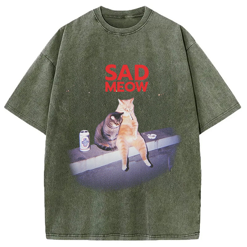 Sad Meow Smoking Cat Washed T-Shirt