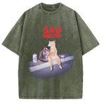 Sad Meow Smoking Cat Washed T-Shirt