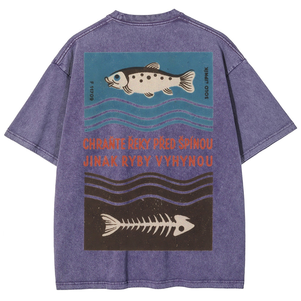 Fish And Fish Bone Washed Vintage Short Sleeves T-Shirt