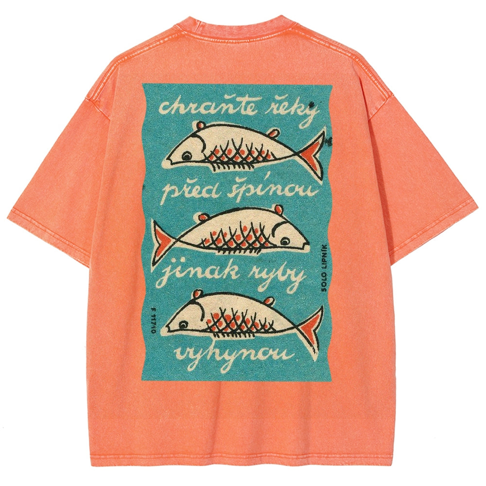Fishes Pattern Printed Washed Vintage Short Sleeves T-Shirt