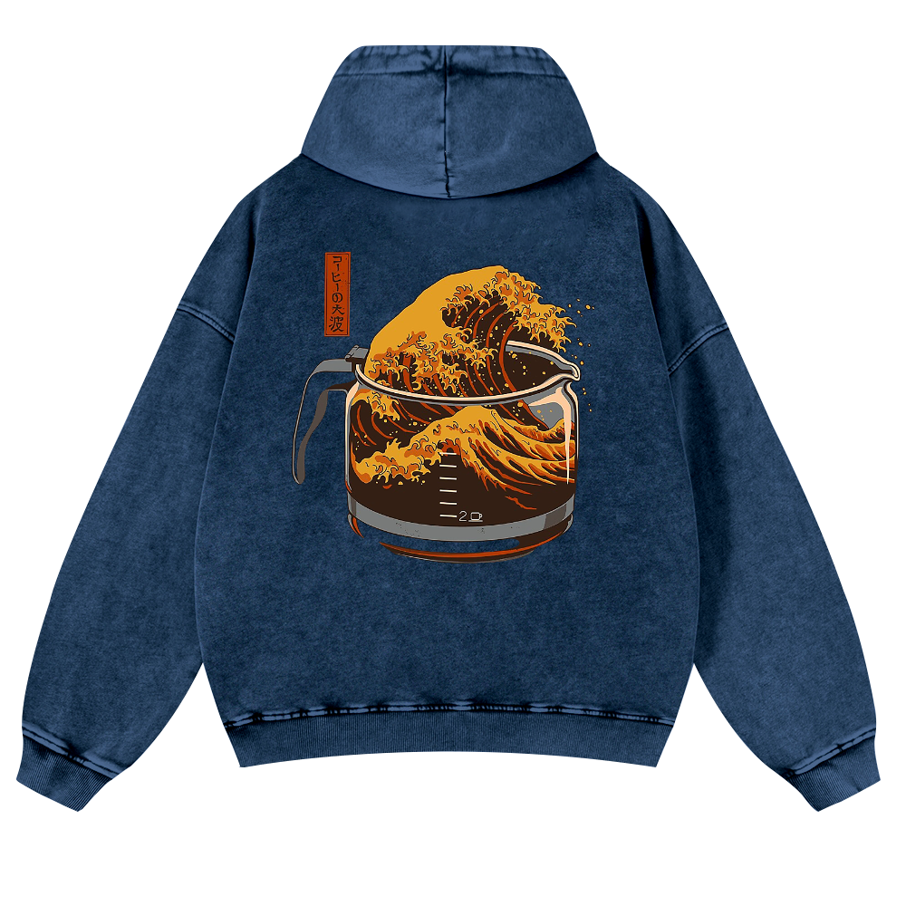 Coffee Wave Ukiyoe Vintage Washed Cotton Back Art Hoodie