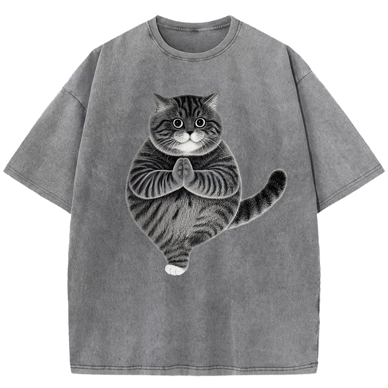 Cute Yoga Cat Art Print Washed T-Shirt